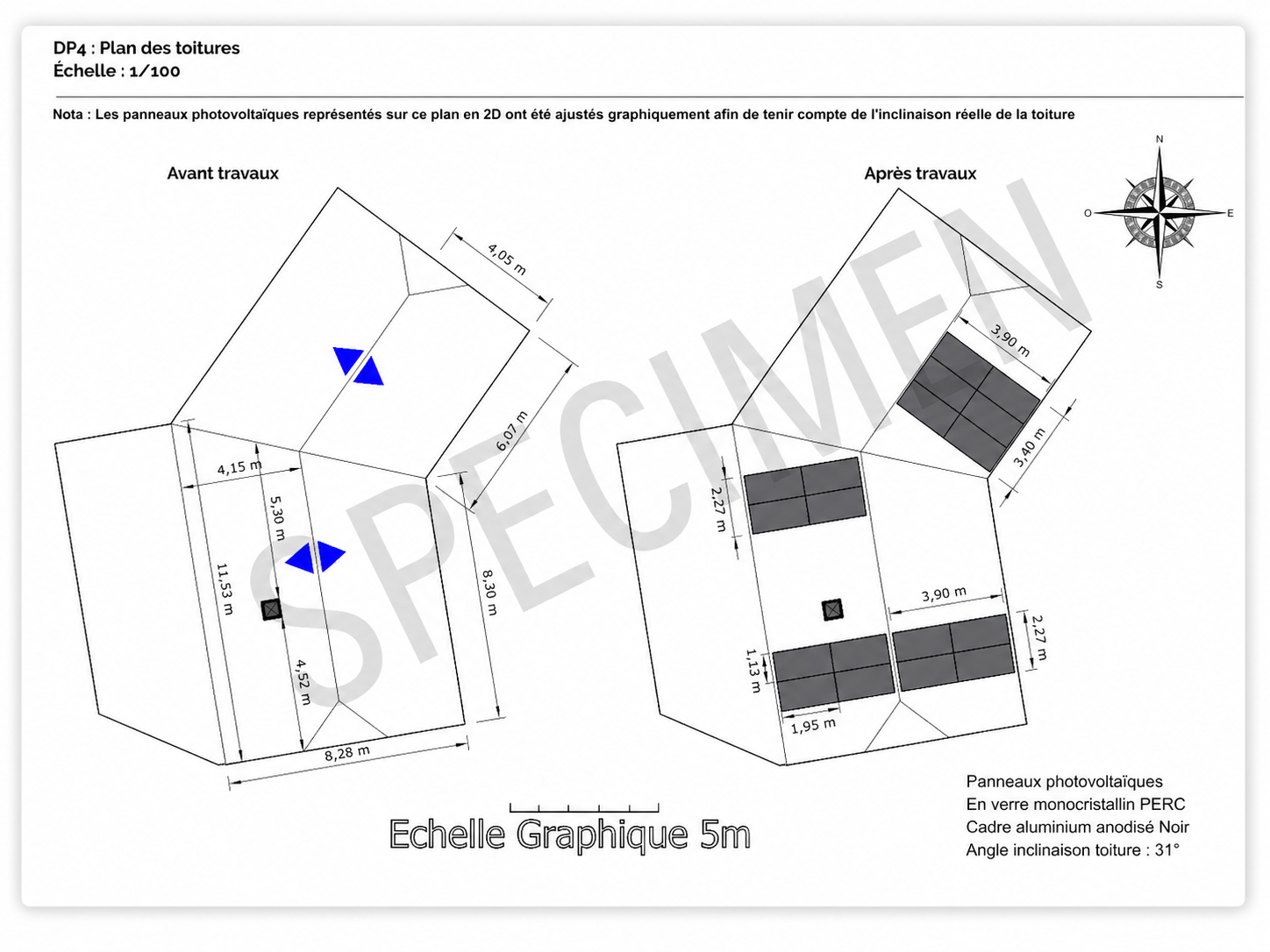 Exemple anonymisé de plan toiture avec implantation des panneaux solaires